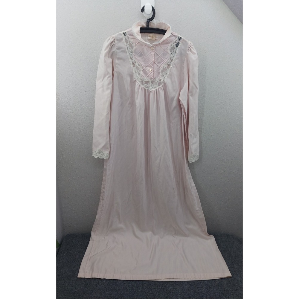 Vintage Barbizon Night Gown Womens Large Pink Long Sleeve Lace Satiny